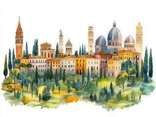 Colorful Italian cityscape with domes and historic arch
