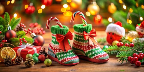 Festive Tilt-Shift Photography of Christmas Icons - Candy Cane, Ribbons, Tree, Holly Leaves, Slippers, Socks for Holiday Celebrations and Seasonal Cheer