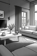 Modern living room interior with furniture and city view drawing