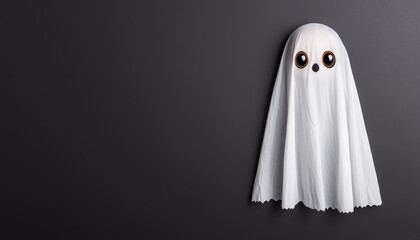 A small, cartoon-style bear with big eyes wearing a ghost costume, standing on a black background with white text 'THIS IS MY GHOST COSTUME'