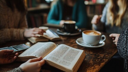 Book club discussing literature over coffee. During book club meeting