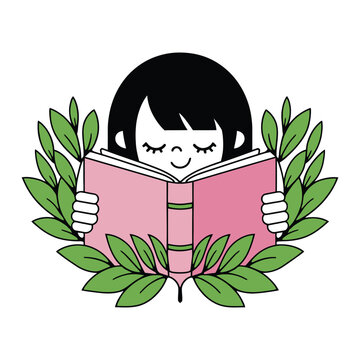recommend clip art: Girl Reading a Book with Leaves Around Illustration