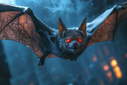 Glowing red bat in night flight over dark cityscape