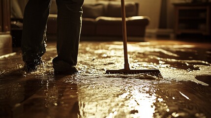 Obraz premium 2410_280.cropped view of legs and broom, water-covered floor, sweeping motion blur, unfinished wooden surfaces, flood cleanup in progress, diffused lighting, high contrast, environmental portrait