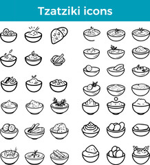 Tzatziki icons line Greek yogurt dip cucumber garlic sauce vector traditional food Mediterranean cuisine illustration set
