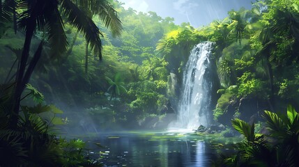 Tranquil Waterfall in a Lush Tropical Jungle