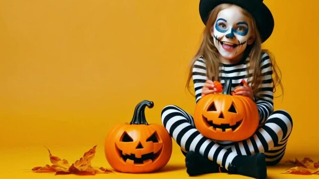 Halloween. Funny little girl with Catrina skull make up in top hat and striped orange black stockings sitting on floor with Jack o lantern pumpkin on yellow studio background High quality HD 4K video 