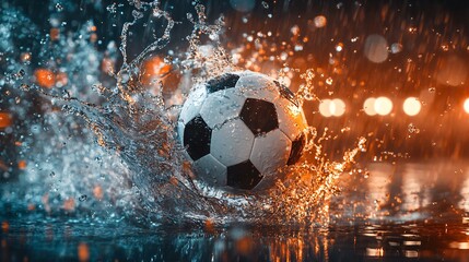 Fototapeta premium 2410_229.macro view of soccer ball splash, stormy weather effects, glistening water particles, urban night lights, intense athletic moment, moody color palette