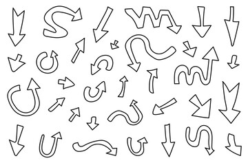 Black and white arrows point in various directions and various arrow shapes, straight, curved, circular, curved. Vector illustration