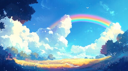 Fototapeta premium A vibrant rainbow arcs over a grassy field with puffy white clouds and blue sky.