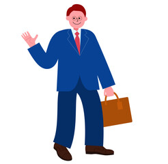 スーツを着たメガネの男性がビジネスバッグを持って手を振って去る姿の全身のイラスト