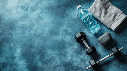 Dumbbells, water bottle, and towel arranged on blue textured surface with ample copy space, promoting workout and healthy lifestyle