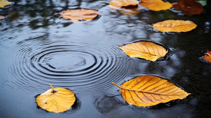 2410_220.urban waterway during rainfall, fallen foliage on water surface, dynamic ripple formations, somber mood, textural contrast between smooth water and rough leaves, naturalistic lighting