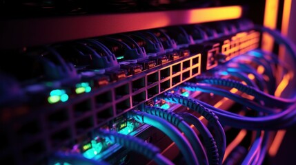 Fototapeta premium Network Switch with Cables Closeup