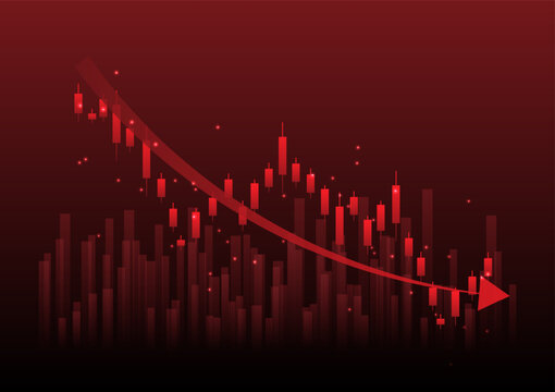 Economic critical crisis concept. The lower line graph and shiny on red background. Recession financial, cryptocurrency, gold, and the stock market. Losing money and cash. Bearish.