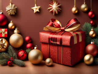 リボンをかけたクリスマスプレゼントとオーナメント