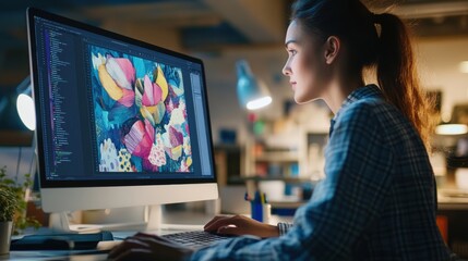 Focused Woman Working on Computer in Creative Workspace