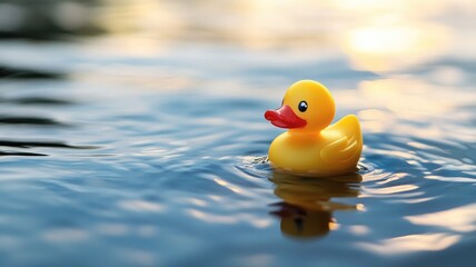 Yellow rubber duck floats on calm water at sunset