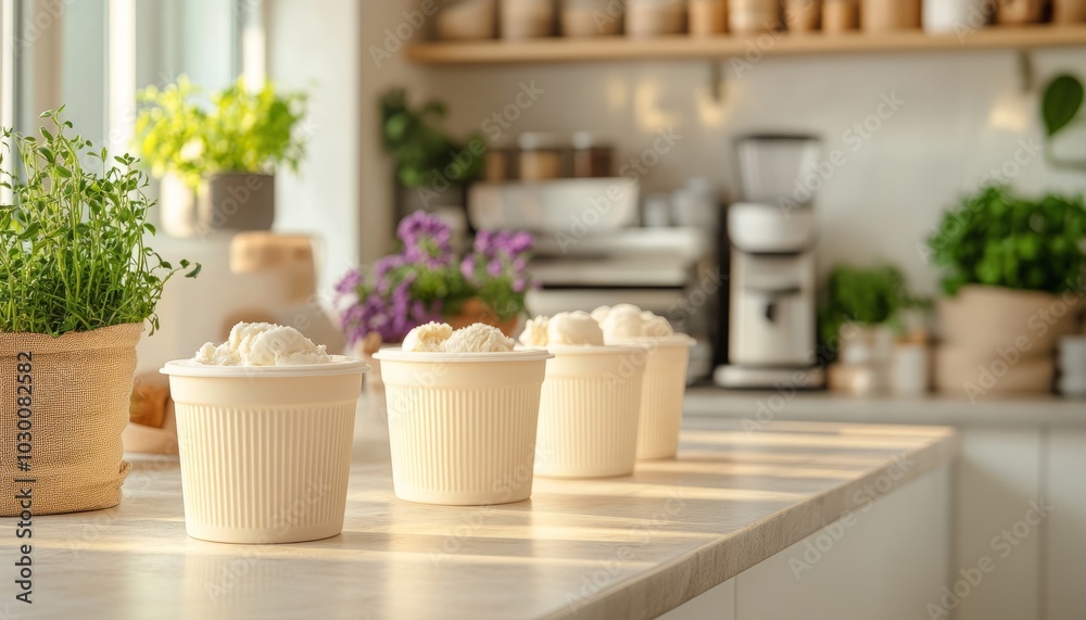 Poster Three containers of ice cream on a kitchen counter with a window and plants in the background.