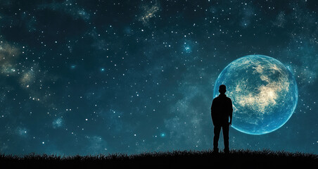 Obraz premium Silhouetted man stands under star-filled night sky gazing at large illuminated planet