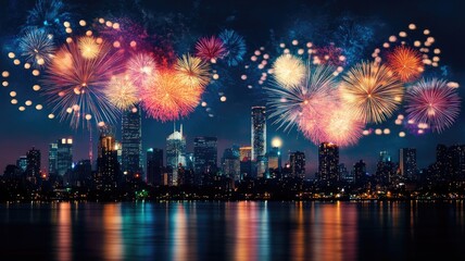 Colorful fireworks display over city skyline at night