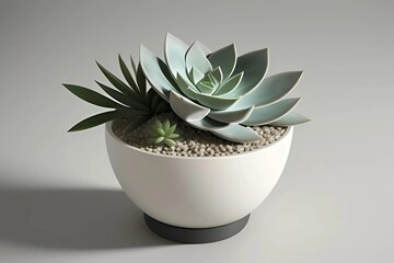 A small potted plant in a white container sits on a table, enhancing the decor with its vibrant greenery.
