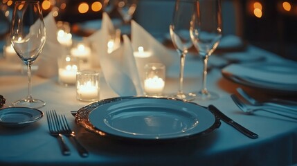 Gorgeously planned event with a circular dinner table set for visitors and a circular table that is decorated with napkins, glasses, forks, and empty plates. a tastefully decorated dinner table