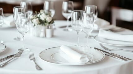 Gorgeously planned event with a circular dinner table set for visitors and a circular table that is decorated with napkins, glasses, forks, and empty plates. a tastefully decorated dinner table