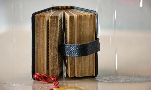 Vieux livre de pri&egrave;res sous la pluie avec une sangle en cuir, 