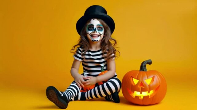 Happy child having fun on Halloween. Funny little girl with Catrina skull make up in top hat and striped orange black stockings sitting on floor with Jack High quality HD 4K video Clip