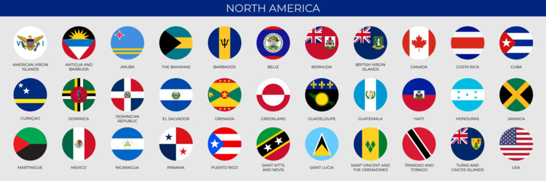 Set of round flags of North American countries in alphabetical order. Vector illustration