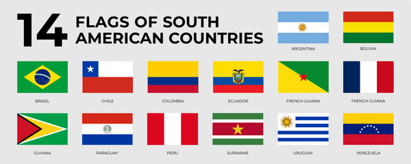 A set of rectangle flags of South American countries in alphabetical order. Detailed national flags of South America countries, including small states. Vector illustration