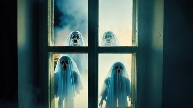 Spooky ghosts window in eerie light