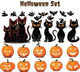 Halloween clipart with bats, pumpkin, black cat. Vector cartoon cute characters with scary smile. Fall party cosplay costume sticker set.