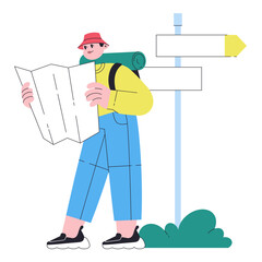 Traveller man looking at map near signpost