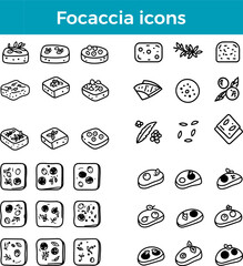 Fototapeta premium Focaccia icons line Italian flatbread olive oil herb topping vector traditional food bakery cuisine illustration set
