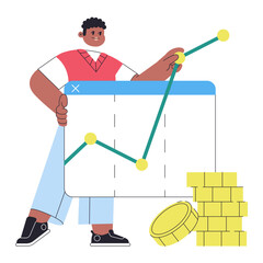 Man showing financial growth with graph and coin stack