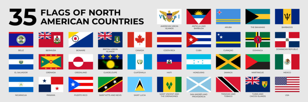 A set of rectangle flags of North American countries in alphabetical order. Detailed national flags of North and Central America countries, including small states. Vector illustration