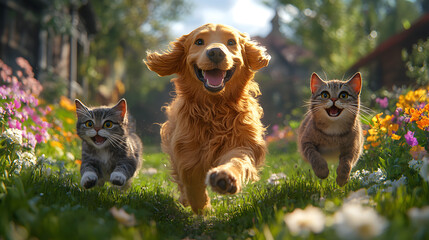 A Golden Retriever, a White Cat, and a Brown Tabby Kitten Playfully Interacting in a Bright and Cheerful Setting, Showcasing the Joy of Animal Companionship and Friendship in a Warm, Inviting Environm