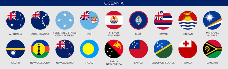 Set of round flags of Oceanian countries in alphabetical order. Vector illustration