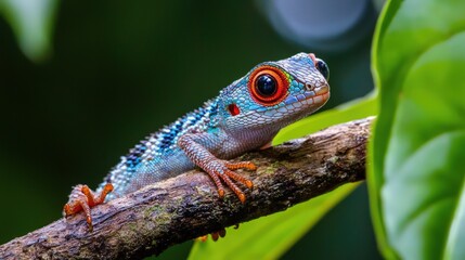 A colorful, small lizard with big eyes rests on a jungle branch.