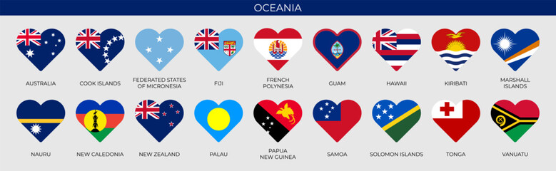 Set of heart flags of Oceanian countries. Patriotic symbol. Vector illustration © polgin
