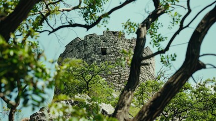 Fototapeta premium Stone Tower Partially Hidden by Lush Foliage