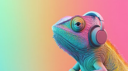 Vibrant Chameleon Rocking Headphones   Futuristic Digital Art