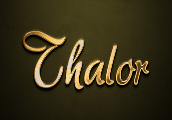 Old gold text effect of futuristic name Thalor with 3D glossy style Mockup.