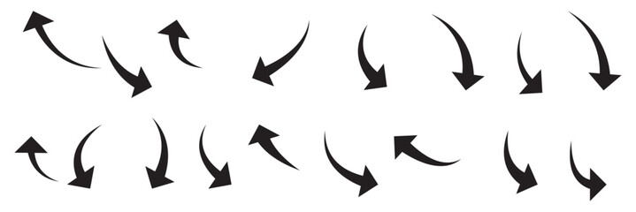 Black curved arrows icons set. Arrow sign in flat style. Wind movement image, process repeat symbol, rotation. Vector illustration