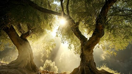 sunlit two olive trees with bright sunburst sunlit light, idea for revelation 11