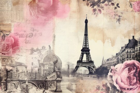 Paris landmarks ephemera border backgrounds paper art.