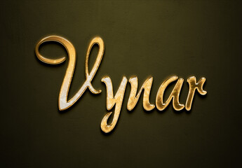 Old gold text effect of futuristic name Vynar with 3D glossy style Mockup.