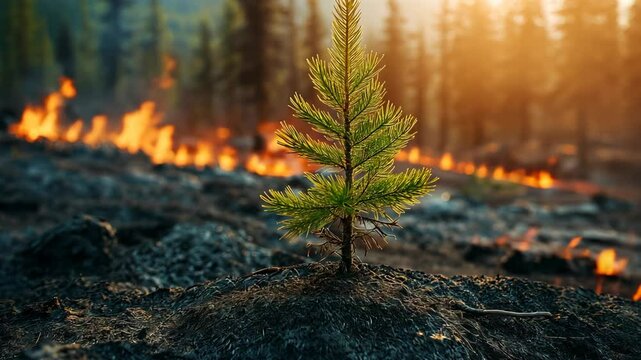new pine tree sprout glowing after wildfire burning forest